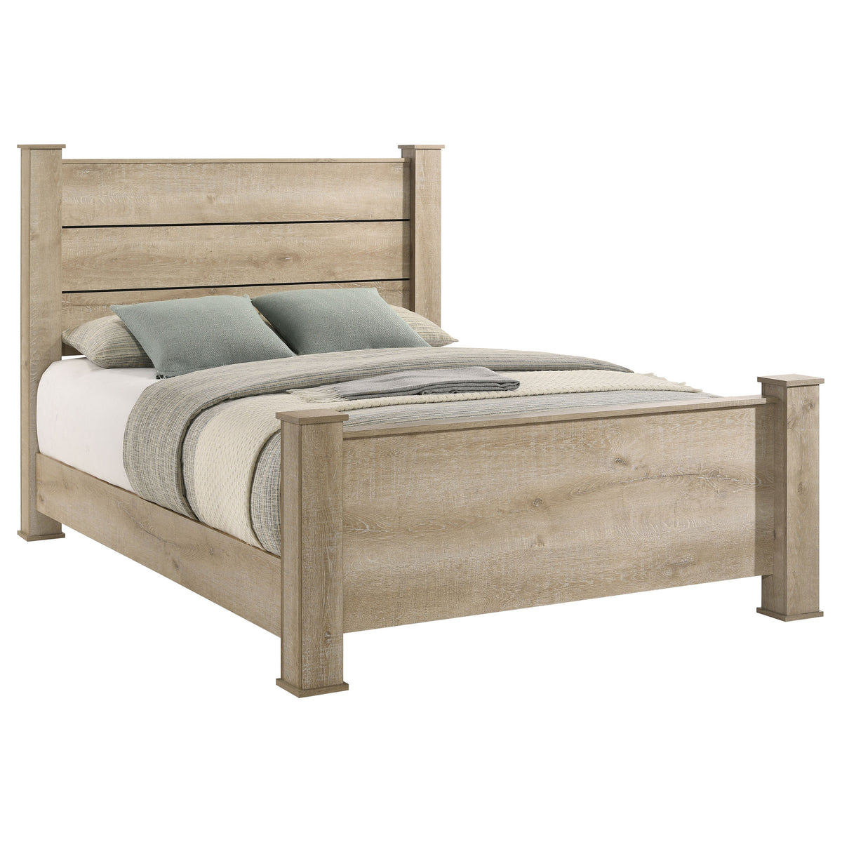 Oakglen Planked Panel Bed & Bedroom Sets - Rustic Weathered Oak with Dark Bronze Handles, Queen to California King