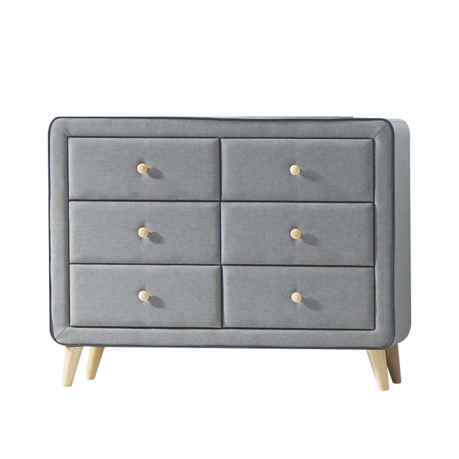 Valda Upholstered Dresser & Chest - Padded Light Gray Fabric with Black Welt Trim & Tapered Legs