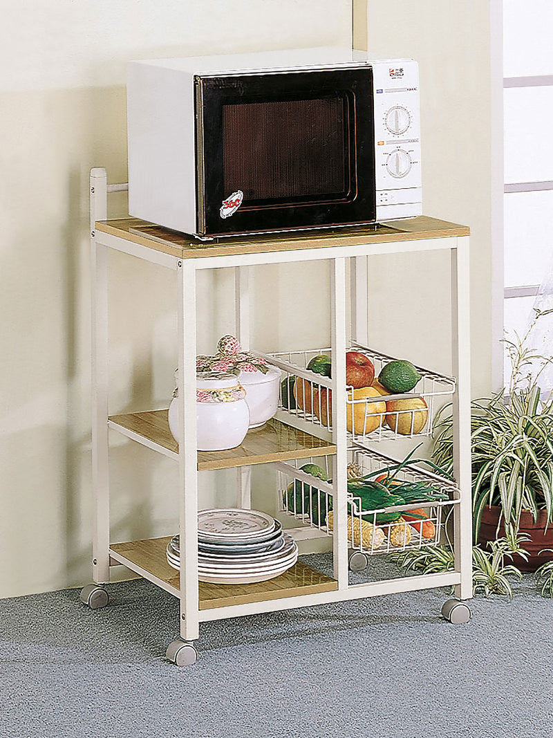 Kelvin 2-Shelf Mobile Kitchen Cart - Natural Brown Top, White Metal Frame & Wire Baskets