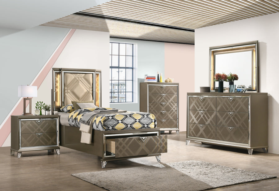 Skylar LED Dresser Mirror - Embossed Geometric Frame & Touch Light in Dark Champagne