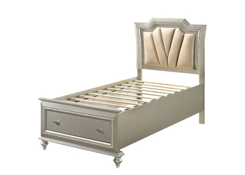Kaitlyn Glam LED Youth Bed - Channel-Tufted Headboard & Footboard Storage Drawers in Leatherette & Champagne