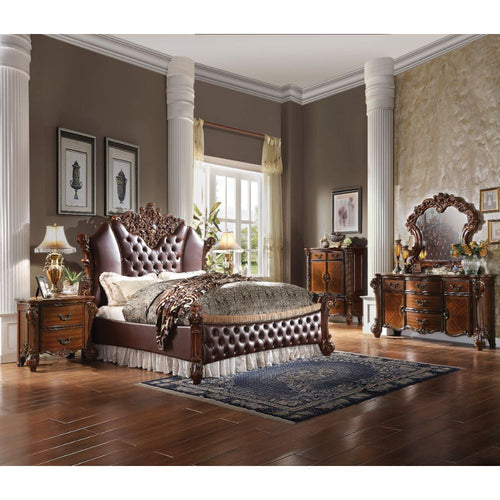 Vendome II Carved Poster Queen Bed - Button-Tufted Arched Headboard in Leatherette & Cherry
