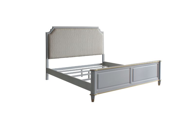 House Marchese Queen Bed - Scooped Upholstered Headboard & Gold Trim in Two-Tone Beige & Pearl Gray