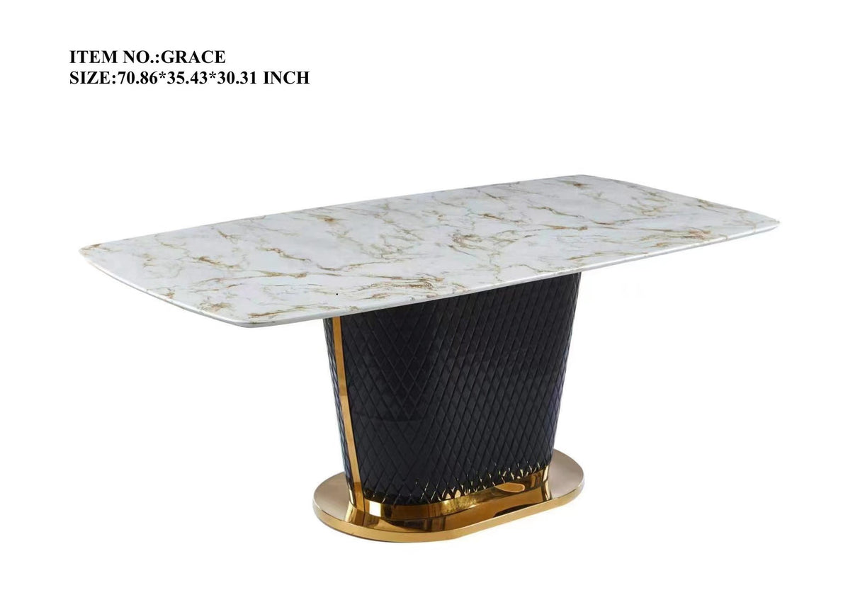 Sofia white marble-effect dining table with gold pedestal base and quilted texture details.