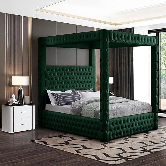 Aya Velvet Canopy Bed with Tufted Design