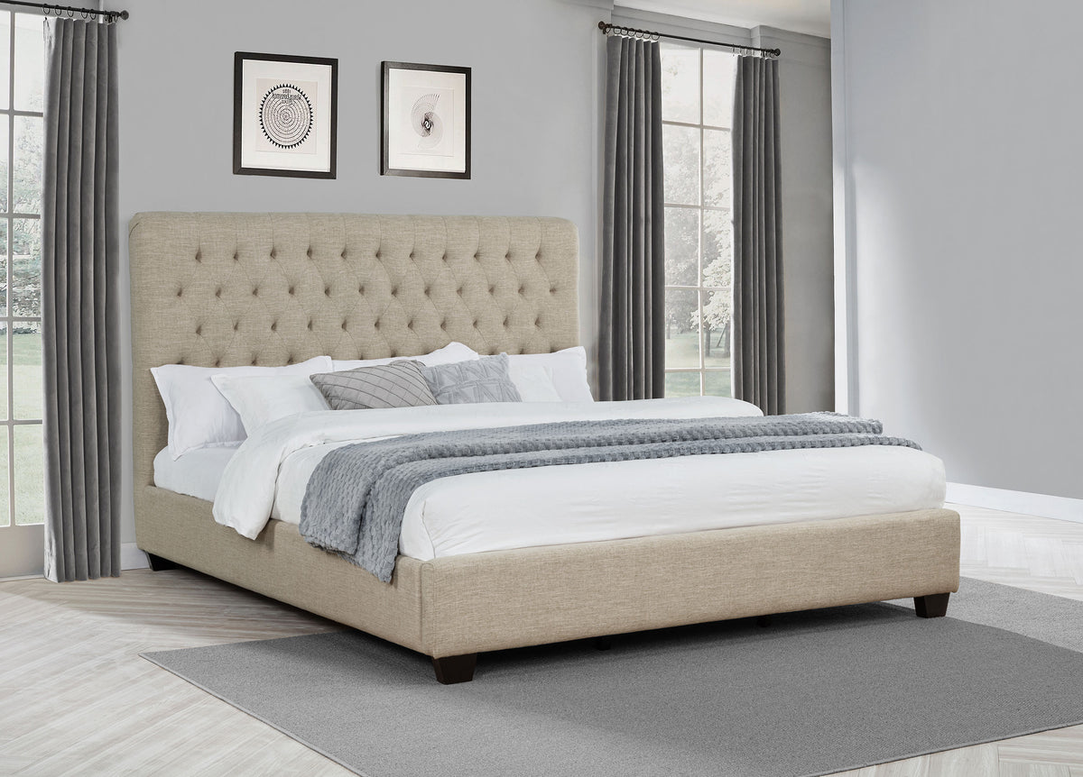 Chloe Button-Tufted Upholstered Bed or Headboard - Tall Oatmeal Fabric Headboard, Full to California King - lifestyle