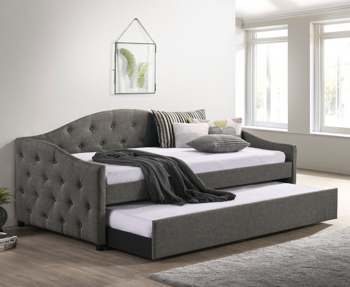 Sadie Upholstered Twin Daybed with Trundle - Button-Tufted Camelback in Grey Fabric – view 1