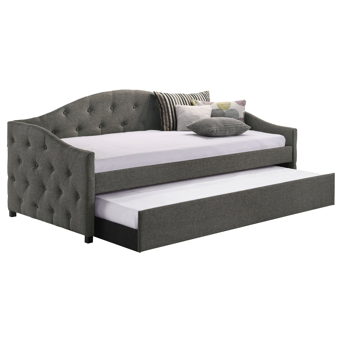 Sadie Upholstered Twin Daybed with Trundle - Button-Tufted Camelback in Grey Fabric – view 3