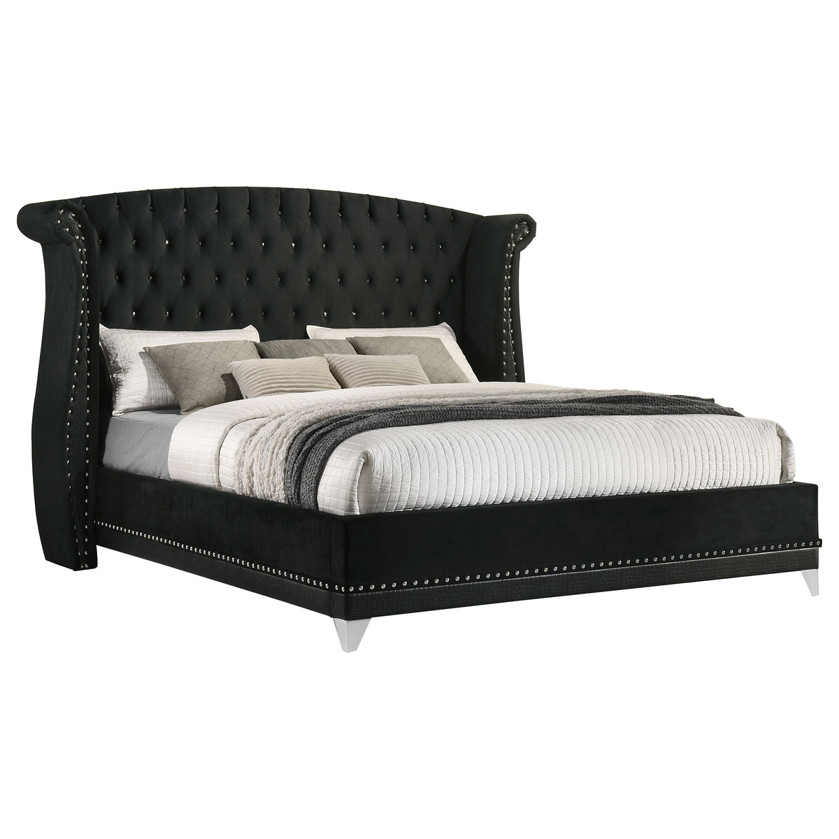Barzini Upholstered Wingback Bed - Crystal-Tufted Black Velvet with Chrome Nailheads, Queen to California King – view 12