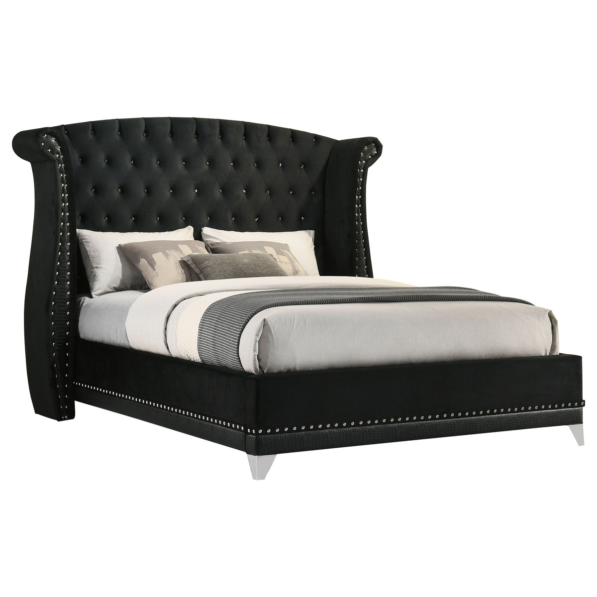 Barzini Upholstered Wingback Bed - Crystal-Tufted Black Velvet with Chrome Nailheads, Queen to California King – view 6