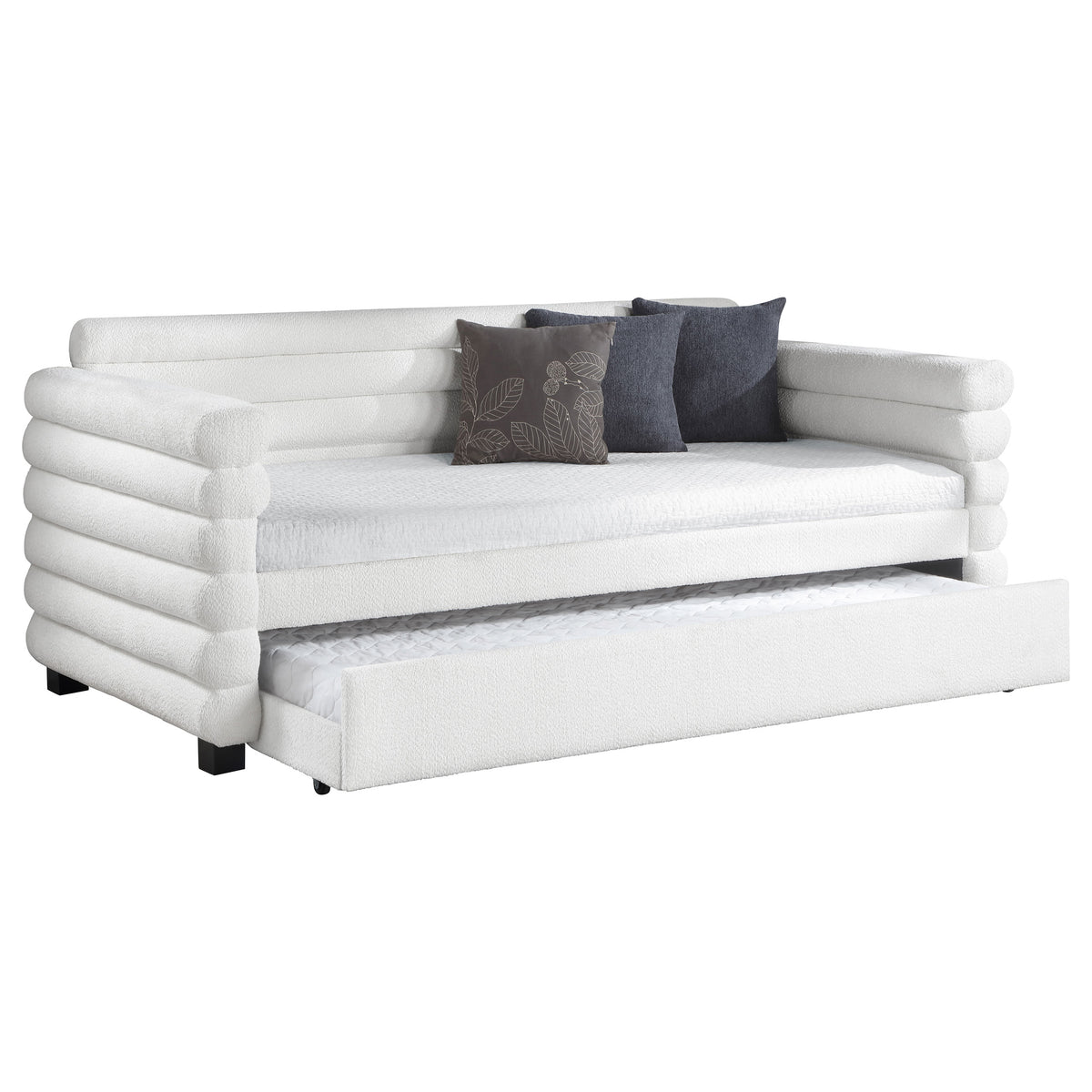 Patricia Boucle Twin Daybed with Trundle - Layered Round Bolster Design in White – view 3