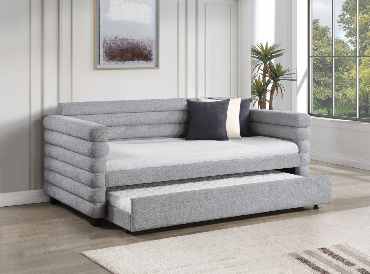 Patricia Boucle Upholstered Twin Daybed with Trundle - Modern Grey with Layered Round Bolsters – view 1