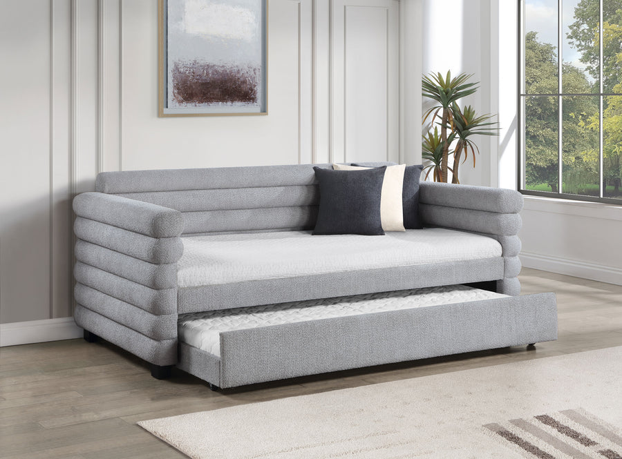 Patricia Boucle Upholstered Twin Daybed with Trundle - Modern Grey with Layered Round Bolsters