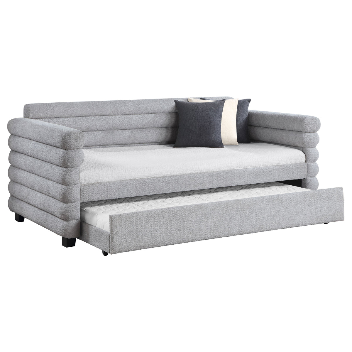 Patricia Boucle Upholstered Twin Daybed with Trundle - Modern Grey with Layered Round Bolsters – view 3