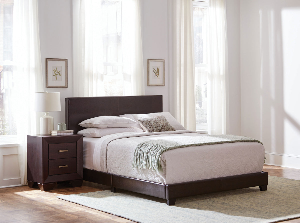 Dorian Upholstered Panel Bed with Padded Headboard - Brown Faux Leather & Black Legs, Twin to California King – view 16