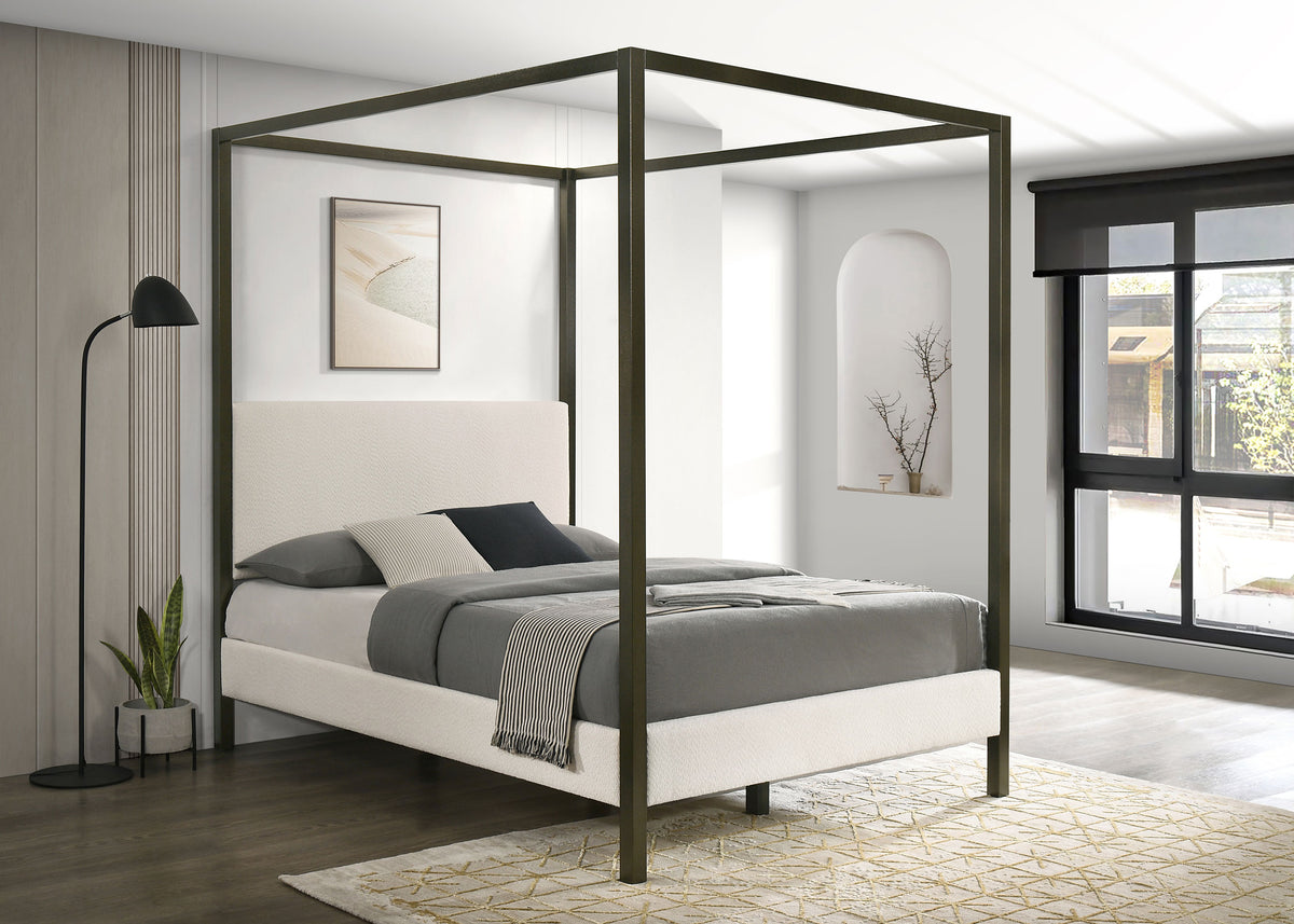 Monroe Upholstered Canopy Bed - Vanilla Boucle with Bronze Metal Frame, Queen or Eastern King – view 1