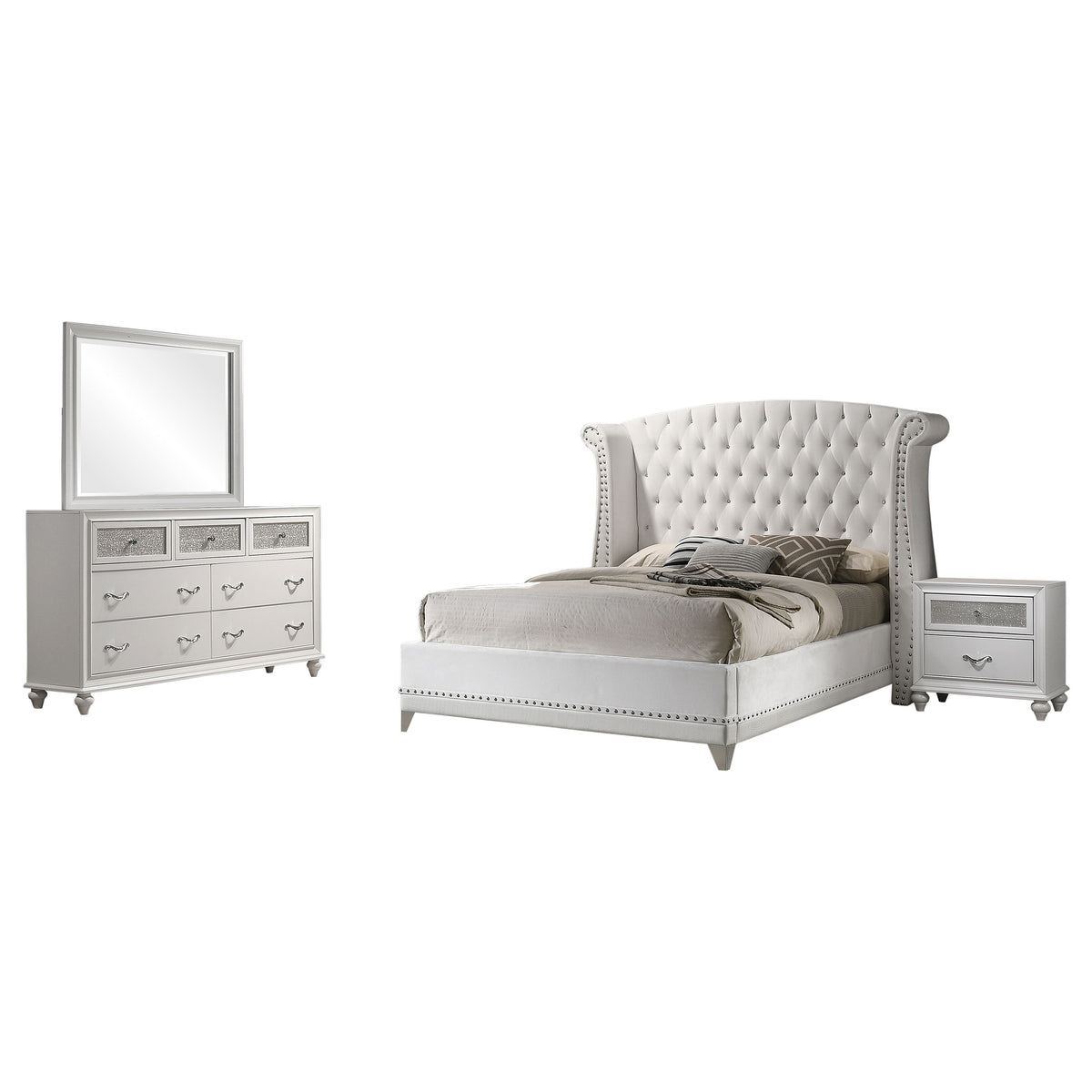 Barzini Crystal-Tufted Wingback Bed & Bedroom Sets - Glam White Velvet with Chrome Nailhead Trim – view 16