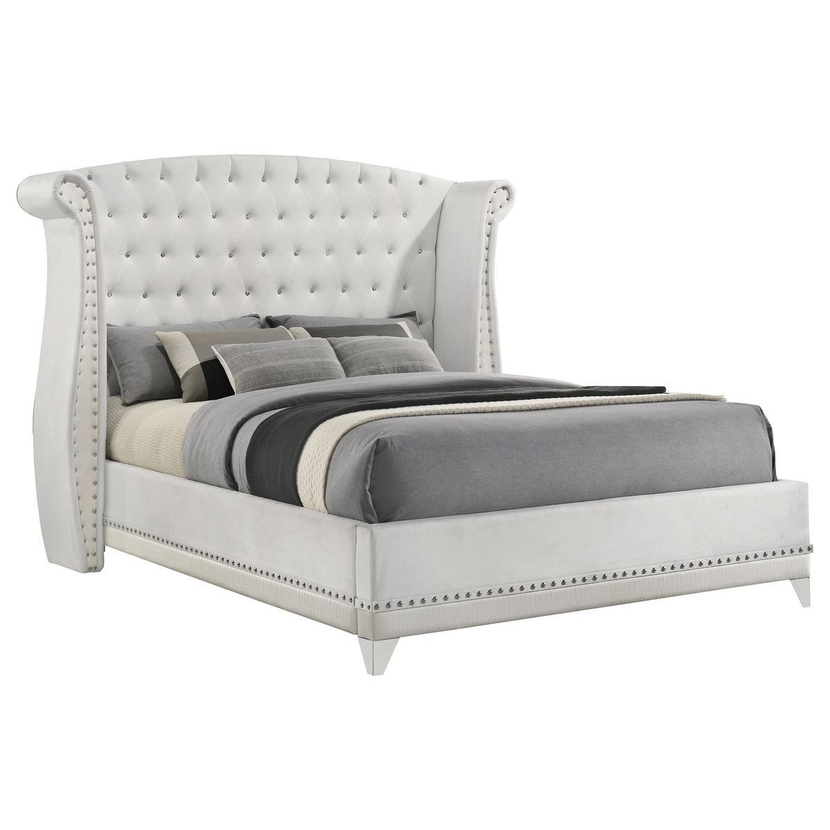 Barzini Crystal-Tufted Wingback Bed & Bedroom Sets - Glam White Velvet with Chrome Nailhead Trim – view 13