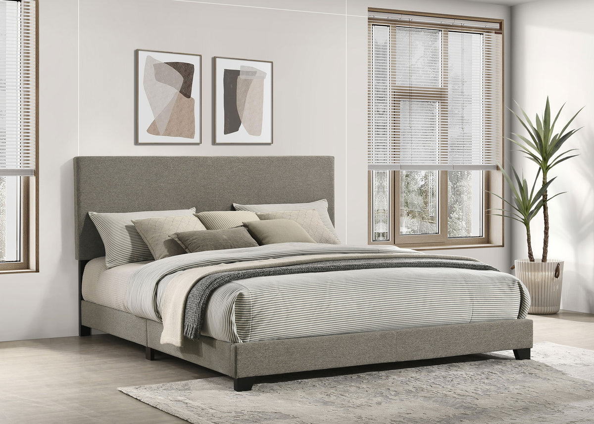 Dorian Upholstered Panel Bed with Padded Headboard - Taupe Fabric & Black Legs, Twin to California King - lifestyle