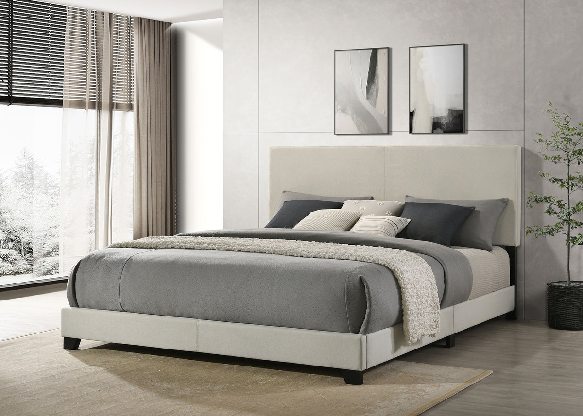 Dorian Upholstered Panel Bed with Padded Headboard - Cream Fabric & Black Legs, Twin to California King - lifestyle