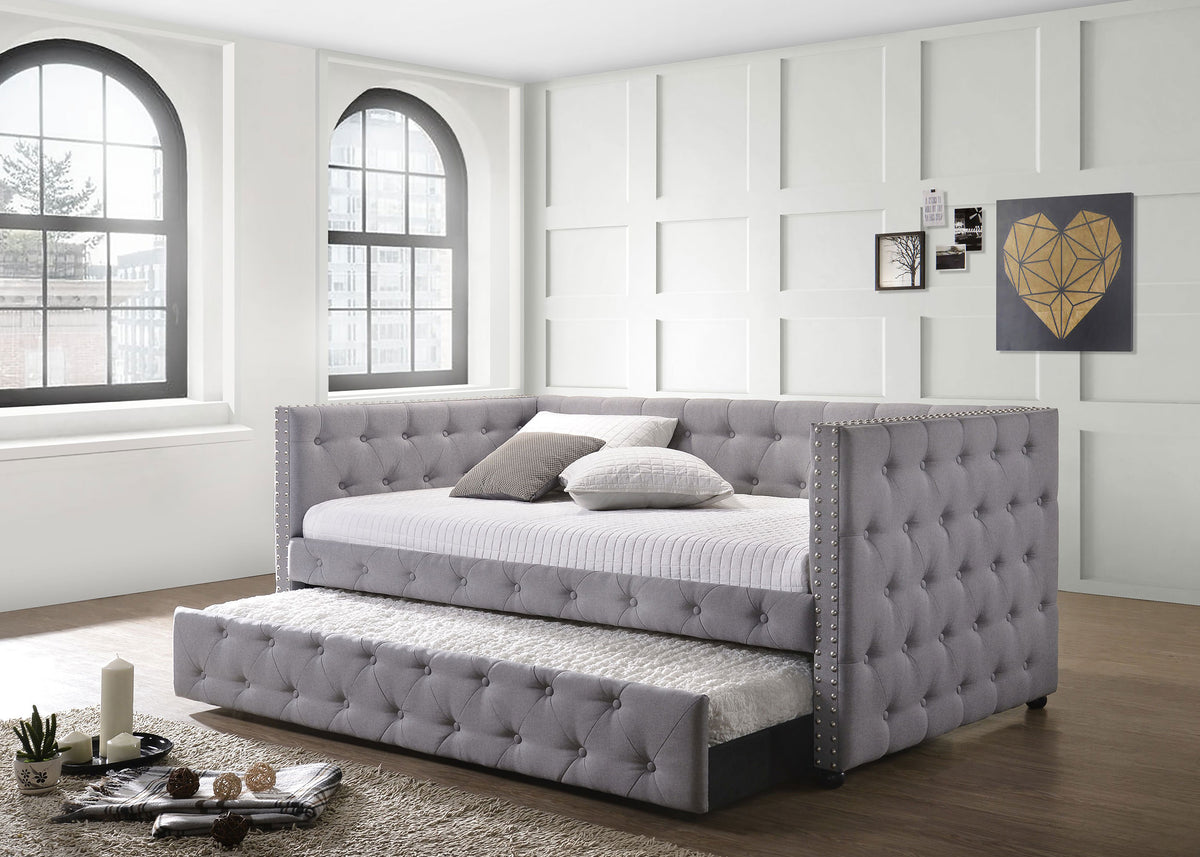 Mockern Tufted Upholstered Twin Daybed with Trundle - Grey with Brushed Nickel Nailhead Trim – view 1