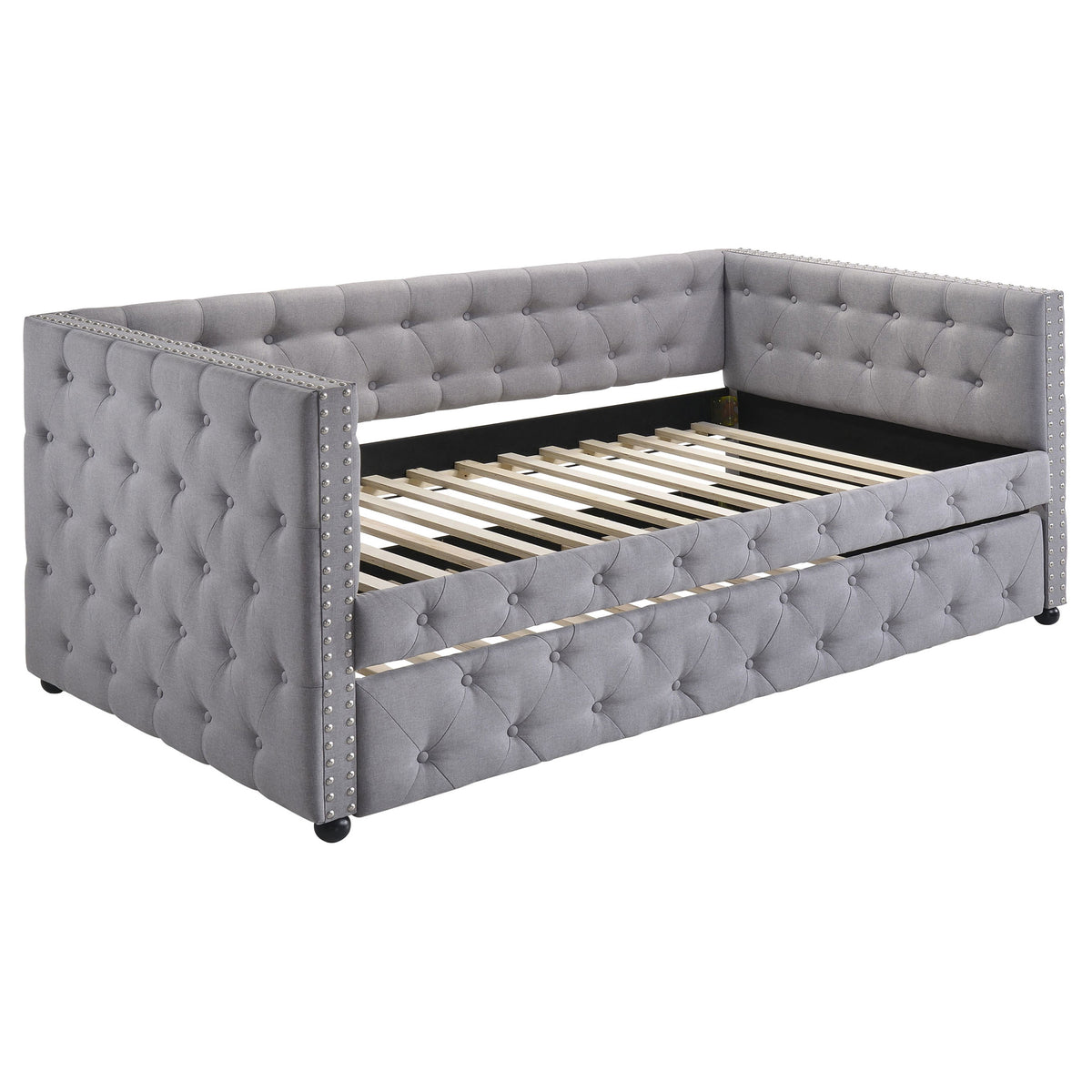 Mockern Tufted Upholstered Twin Daybed with Trundle - Grey with Brushed Nickel Nailhead Trim – view 4