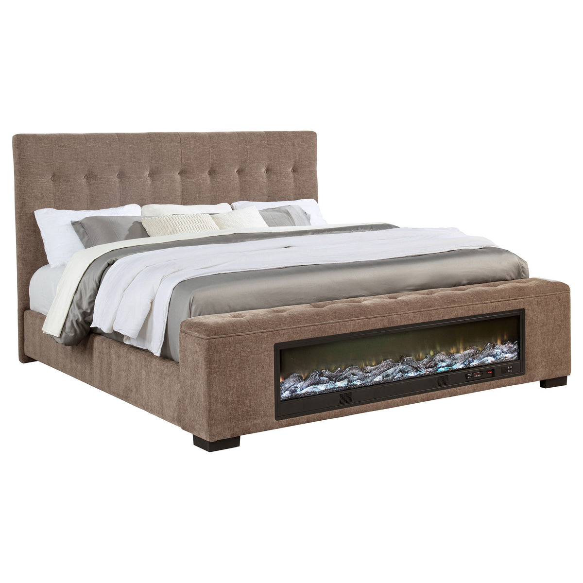 Senna Tufted Upholstered Bed with Flame Visualizer Footboard & Bluetooth Speaker - Brown Fabric, Queen to Cal King β view 17