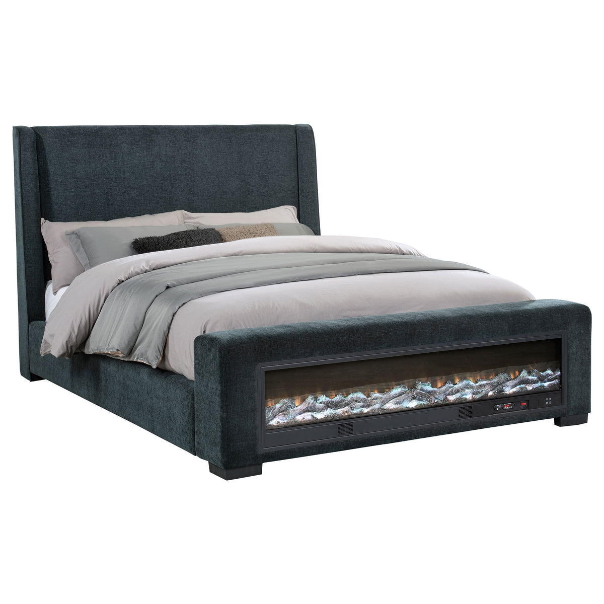 Preston Wingback Upholstered Bed with Flame Visualizer Footboard & Bluetooth Speaker - Dark Blue, Queen to Cal King – view 17