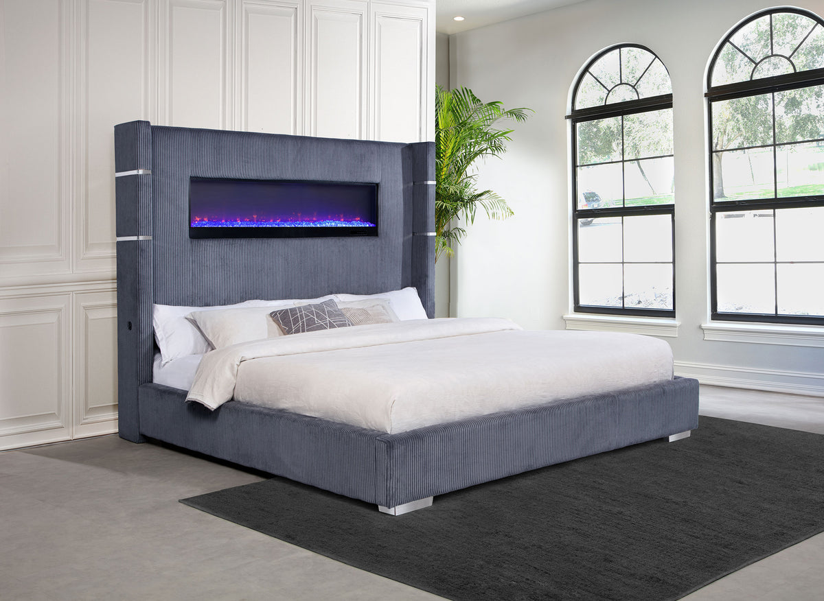 Tisdall Upholstered Wingback Bed with Flame Visualizer - Grey Corduroy, Queen or King – view 2