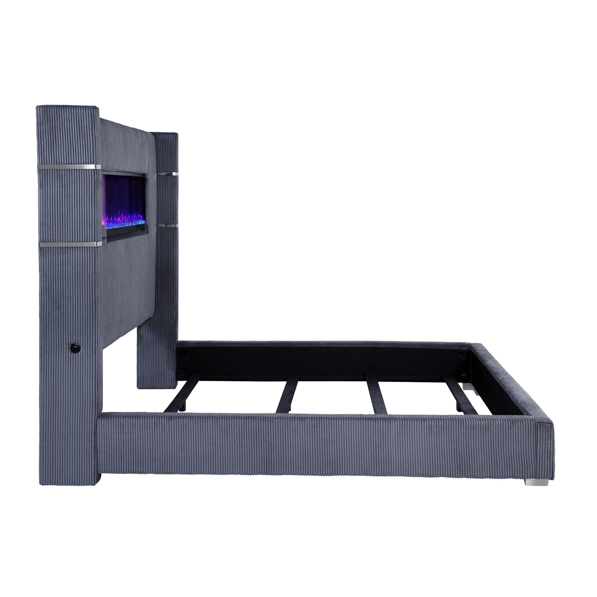 Tisdall Upholstered Wingback Bed with Flame Visualizer - Grey Corduroy, Queen or King – view 15