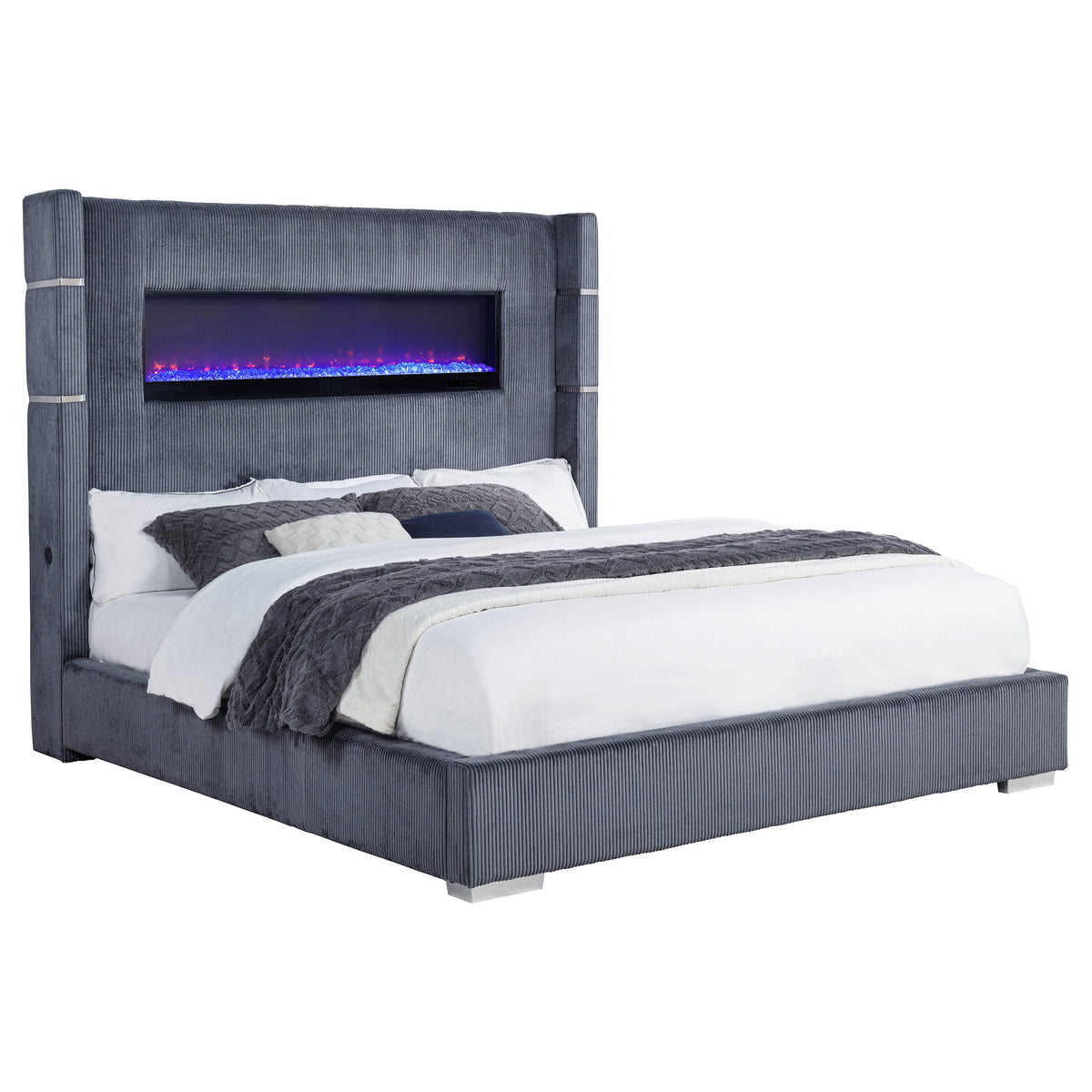 Tisdall Upholstered Wingback Bed with Flame Visualizer - Grey Corduroy, Queen or King – view 20