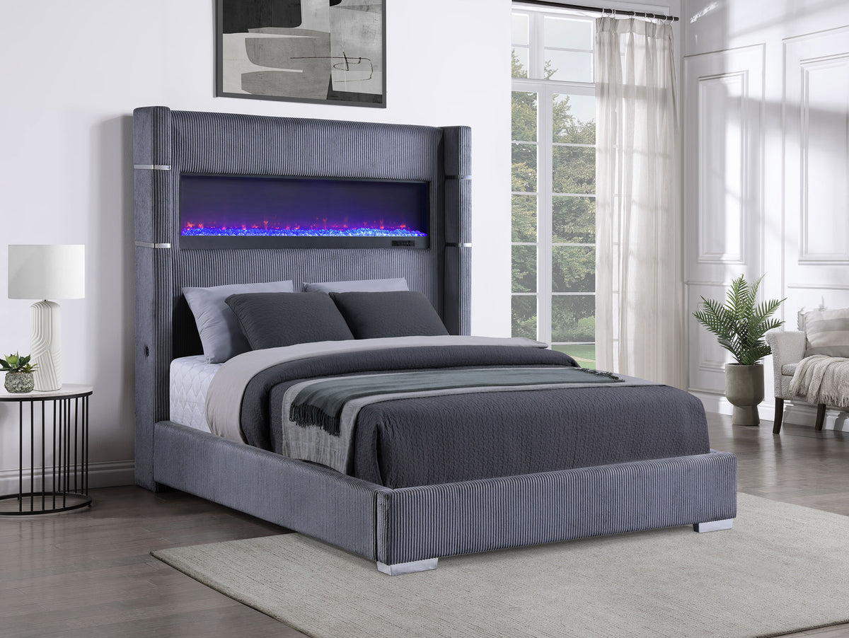 Tisdall Upholstered Wingback Bed with Flame Visualizer - Grey Corduroy, Queen or King – view 1