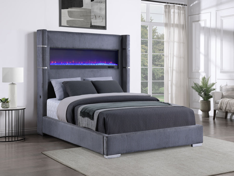 Tisdall Upholstered Wingback Bed with Flame Visualizer - Grey Corduroy, Queen or King