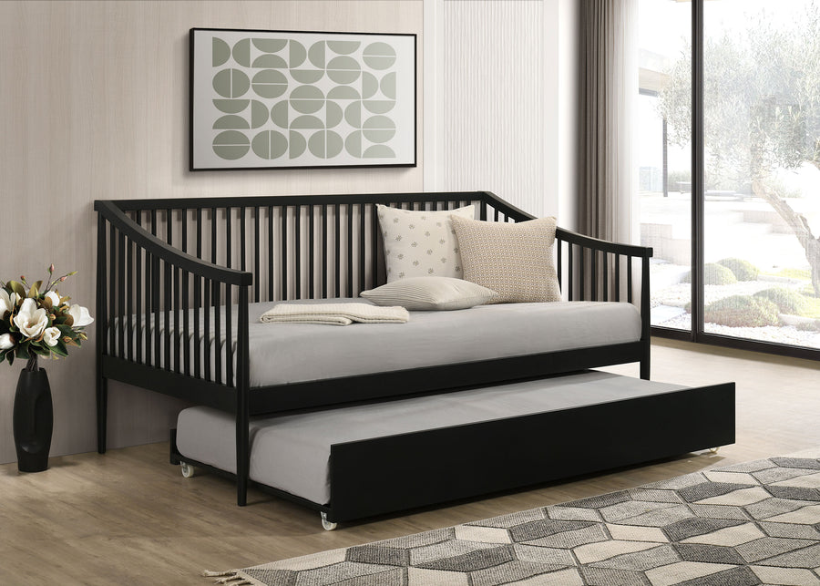 Delgado Windsor Spindle Twin Daybed with Trundle - Arched Arms in Black Wood