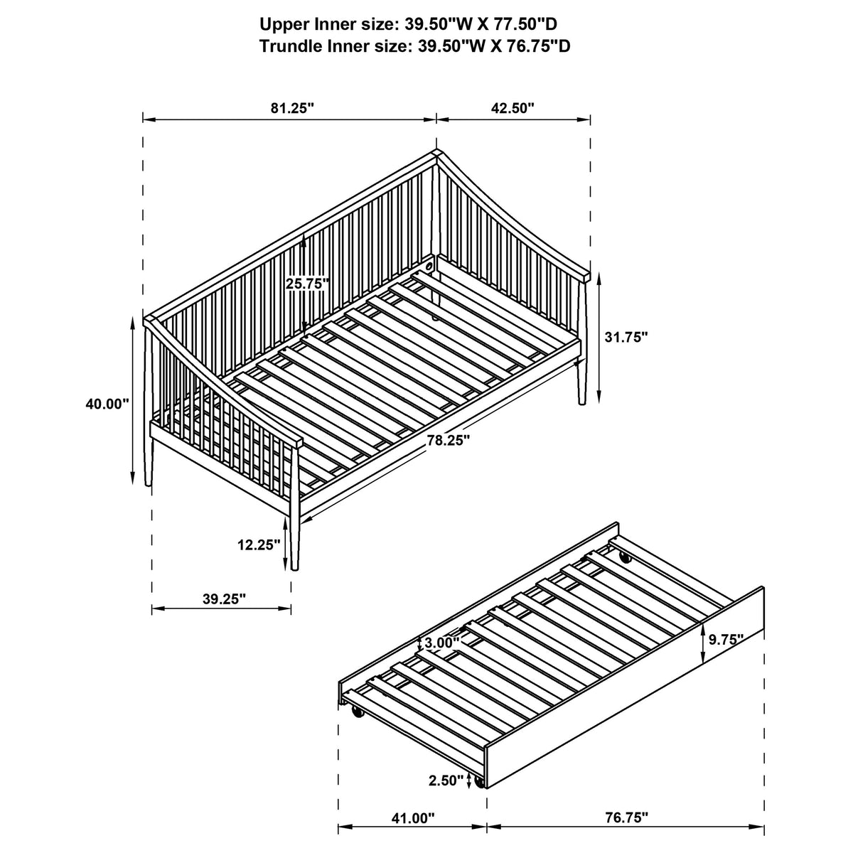 Delgado Windsor Spindle Twin Daybed with Trundle - Arched Arms in Black Wood – view 9