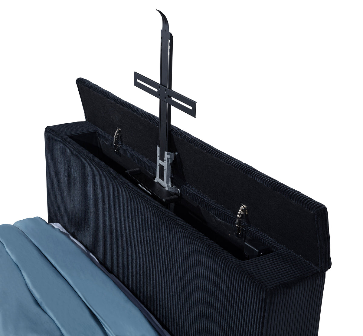 Tisdall Wingback TV Bed with Motorized Lift & Flame Visualizer - Black Corduroy, Queen & King – view 13