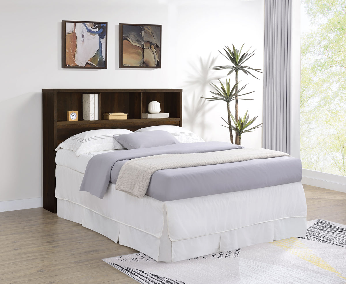 Westpark Bookcase Headboard & Wall Bed Sets - Open Cubby Storage with USB Nightstand in Dark Pine - lifestyle