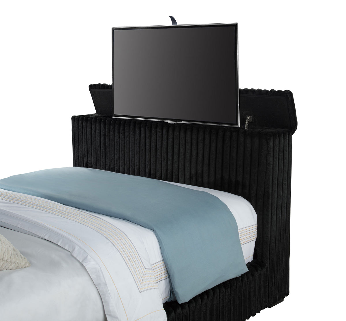 Centergrove Velvet Wingback TV Bed with Hidden Lift - Channel-Tufted Black, Queen to California King – view 15