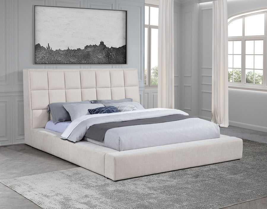 Dreux Upholstered Platform Bed with LED Reading Lights & Storage Console - Tufted Cream or Grey, Queen to California King