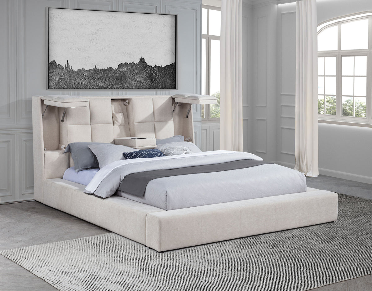 Dreux Upholstered Platform Bed with LED Reading Lights & Storage Console - Tufted Cream or Grey, Queen to California King – view 8