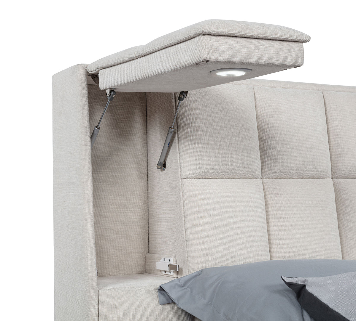 Dreux Upholstered Platform Bed with LED Reading Lights & Storage Console - Tufted Cream or Grey, Queen to California King – view 15