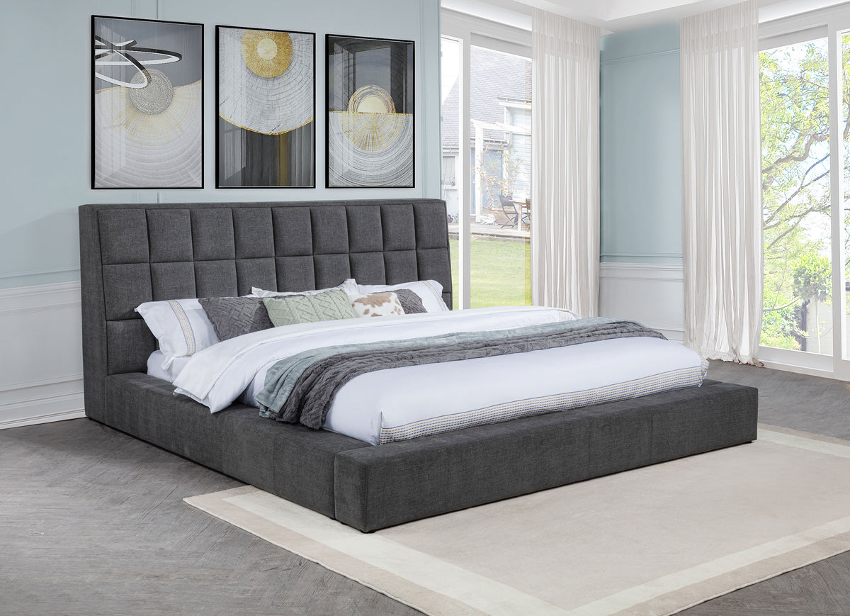 Dreux Upholstered Platform Bed with LED Reading Lights & Storage Console - Tufted Cream or Grey, Queen to California King - lifestyle