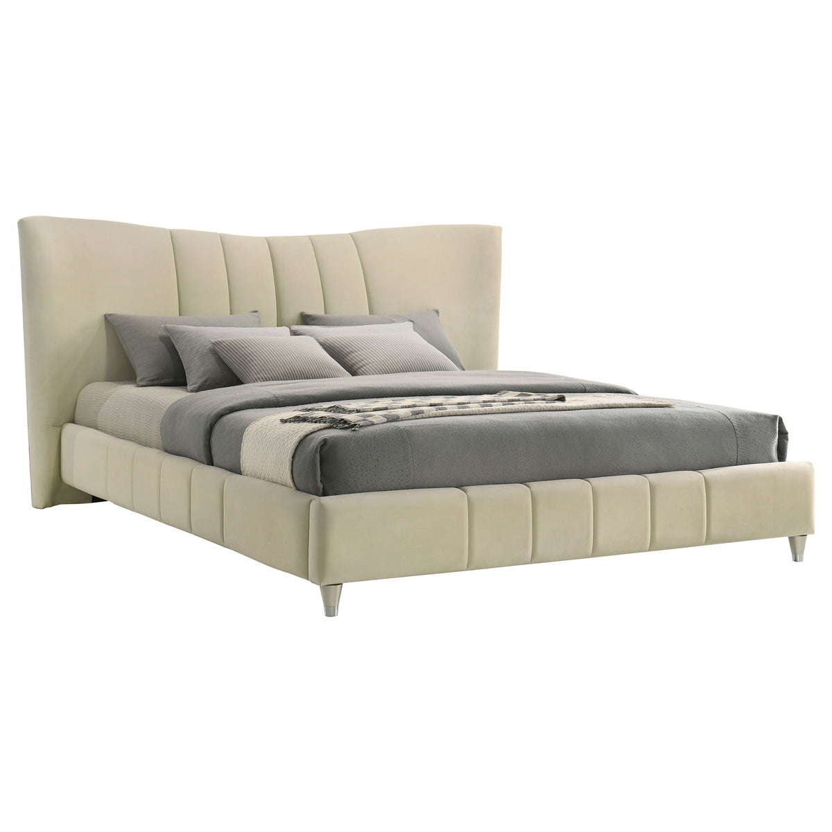 Evelyn Upholstered Panel Platform Bed - Ivory Velvet with Pleated Footboard & Gold Legs, Queen or Eastern King โ view 16
