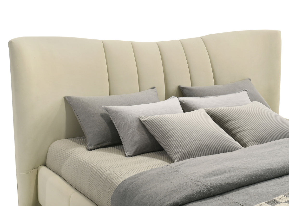 Evelyn Upholstered Panel Platform Bed - Ivory Velvet with Pleated Footboard & Gold Legs, Queen or Eastern King โ view 11