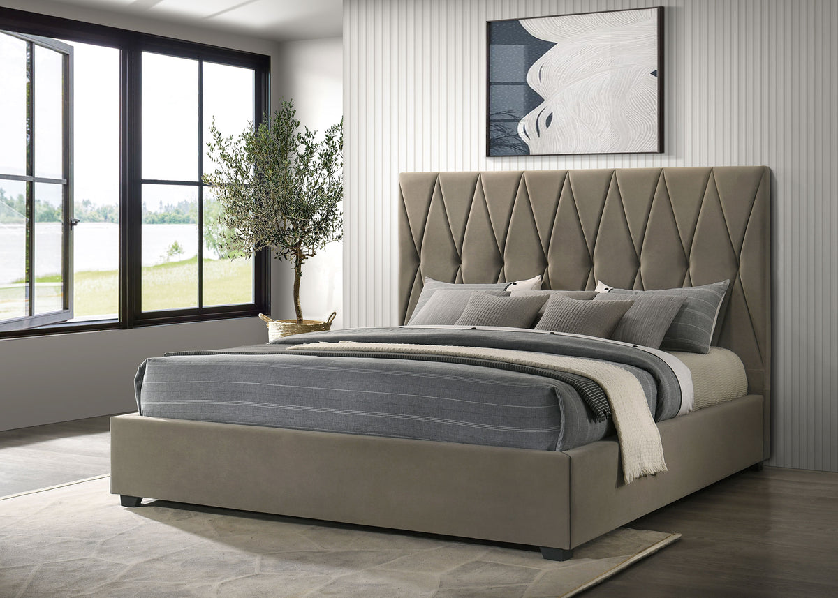 Delsea Diamond-Tufted Velvet Platform Bed - Tall Upholstered Headboard in Light Brown, Queen or Eastern King – view 11