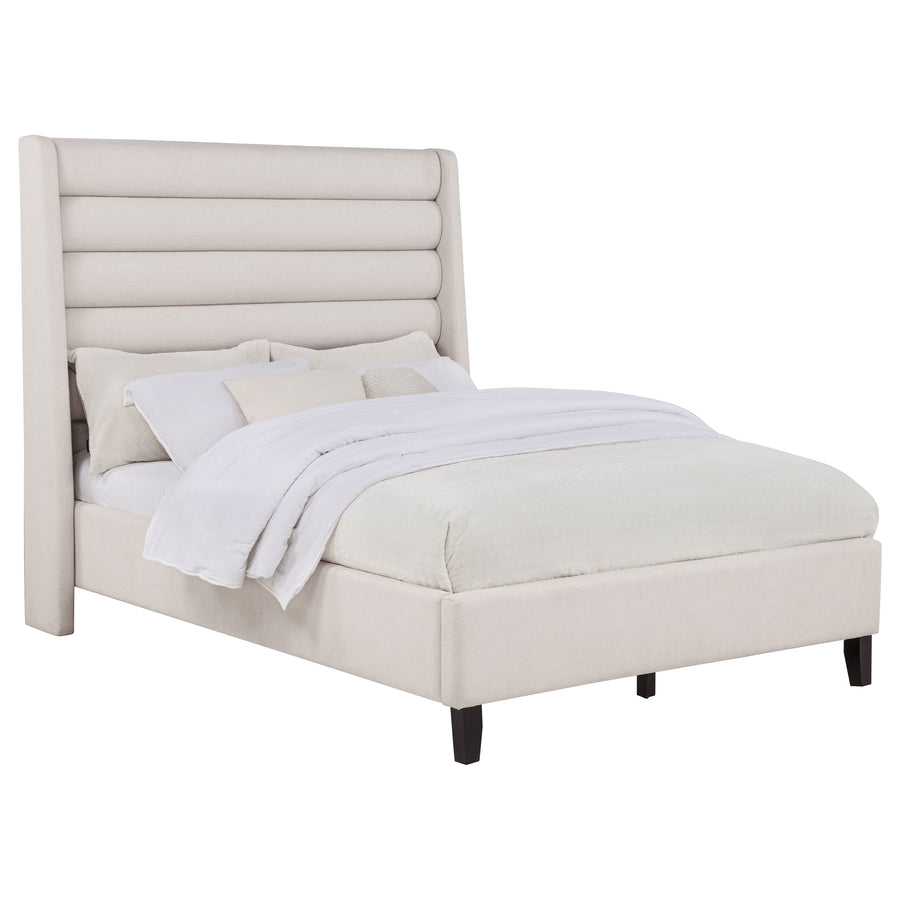 Leslie Channel-Tufted Wingback Platform Bed - Beige Upholstery with Contrasting Black Base, Full to California King