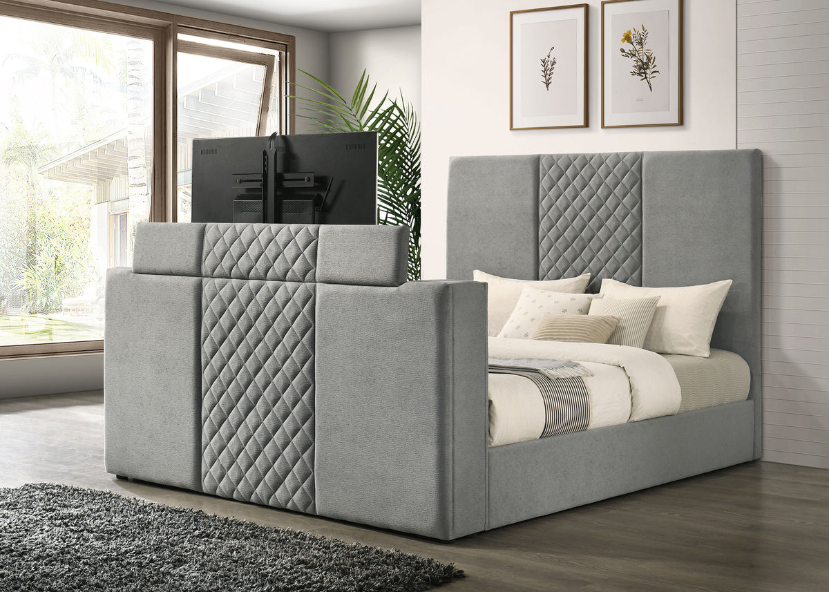 Tara Upholstered TV Bed with Motorized Footboard Lift - Quilted Grey Velvet, Holds TVs up to 50", Queen or Eastern King – view 17