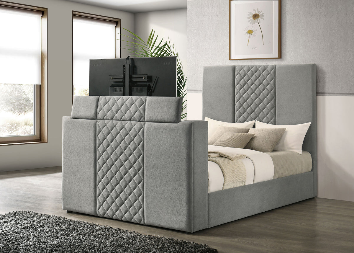 Tara Upholstered TV Bed with Motorized Footboard Lift - Quilted Grey Velvet, Holds TVs up to 50", Queen or Eastern King – view 4