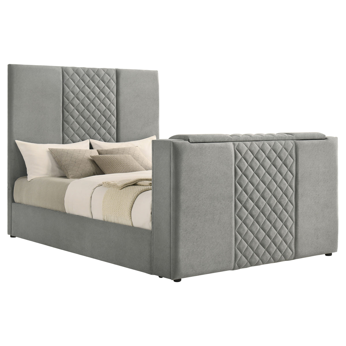 Tara Upholstered TV Bed with Motorized Footboard Lift - Quilted Grey Velvet, Holds TVs up to 50", Queen or Eastern King – view 5
