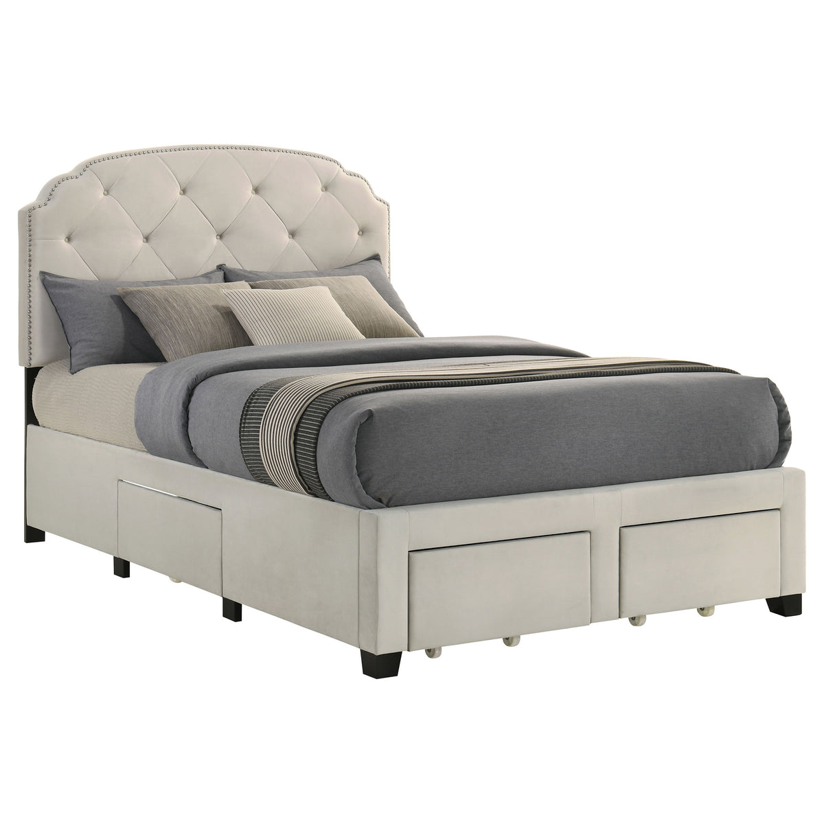 Marianna Tufted Velvet Storage Bed with 4 Drawers - Cream with Nailhead Trim, Full to Eastern King – view 9